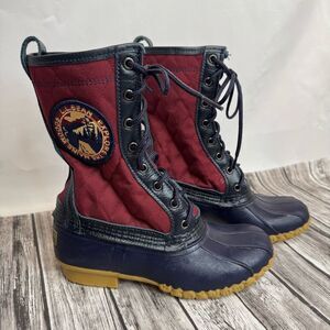 Women's LL Bean Explore the Maine Quilted Duck Boots 6 Navy Burgundy Tan